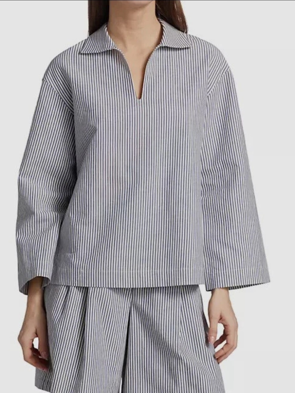 Lafayette 148 New York Dales Navy & White Striped Linen Cotton Popover XL FLAW